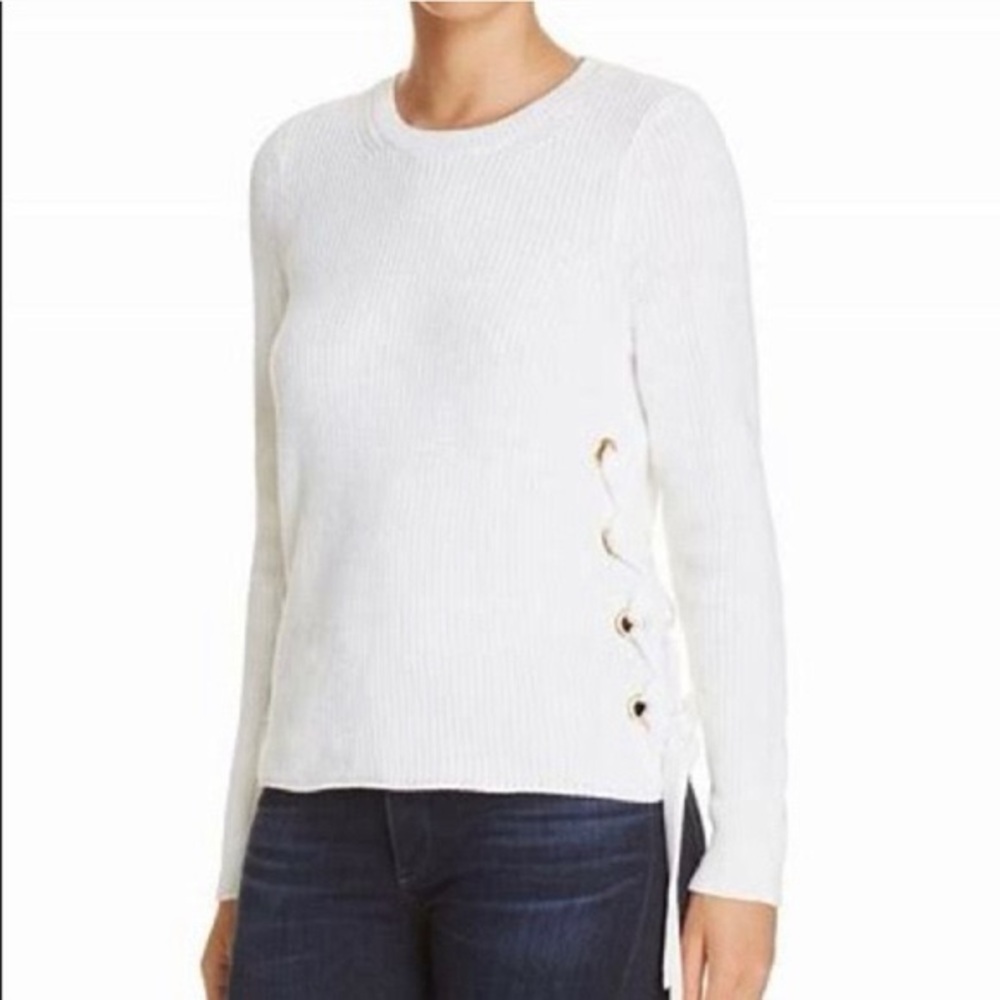 Michael Kors White Knit Cotton Sweater Criss-Cross Grommet Tied Ribbon Detail